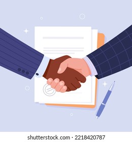 Handshake. Vector cartoon illustration of male hands in business suits shaking each other on the background of a signed contract