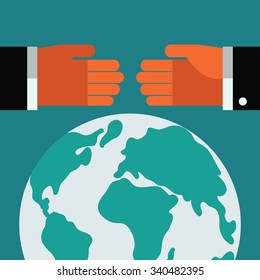 Handshake vector concept. Two businessmen shake hands over world map. Concept of international partnership, cooperation and teamwork in business. Modern design style