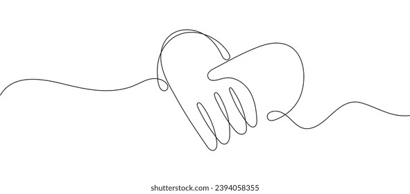 Handshake vector, heart shaped greeting in continuous line style. Symbol of friendship, agreement. Illustration of successful deal. Women or men shake hands.