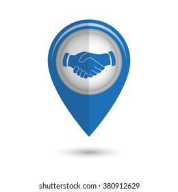 handshake - vector icon;  blue map pointer