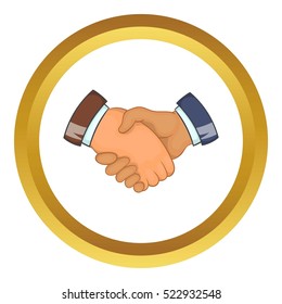 Handshake vector icon in golden circle, cartoon style isolated on white background