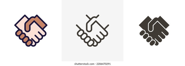 Handshake Vector icon. Graphic elements of two hands shaking eachother. In 3 styles - Colored Filled outline, thin line outline and flat glyph. Business, friendship, teamwork, sales, deal