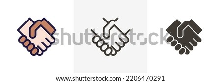 Handshake Vector icon. Graphic elements of two hands shaking eachother. In 3 styles - Colored Filled outline, thin line outline and flat glyph. Business, friendship, teamwork, sales, deal