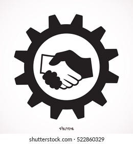 Handshake vector icon. Hands shaking in gear symbol. Business deal in cog sign.
