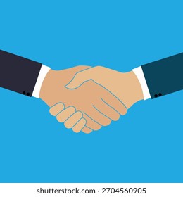 Icono de Vector de apretón de manos aislado sobre fondo azul. Ilustración vectorial de apretón de manos. Silueta de la mano de la sacudida, relación, amigos, icono del Vector. Apretón de manos de Acuerdo de negocios entre dos hombres de negocios