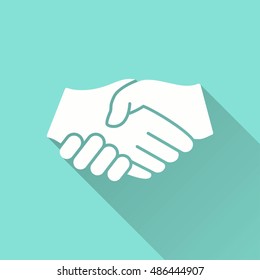 Handshake vector icon with long shadow. White illustration isolated on green background for graphic and web design.