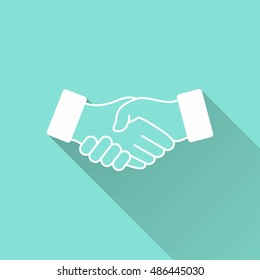 Handshake vector icon with long shadow. White illustration isolated on green background for graphic and web design.