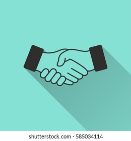 Handshake vector icon with long shadow. Black illustration isolated on green background for graphic and web design.