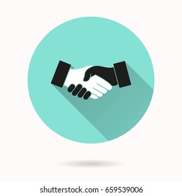 Handshake vector icon with long shadow. White illustration for graphic and web design. Circle buttons.