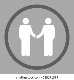 Handshake vector icon. This rounded flat symbol is drawn with dark gray and white colors on a silver background.