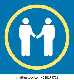 Handshake vector icon. This rounded flat symbol is drawn with yellow and white colors on a blue background.
