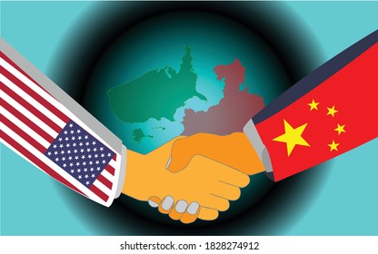 Handshake vector illustration. Business handshake. Cooperation between America and china.Handshake in the background of the map of America and china, Sketch global partnership leadership background