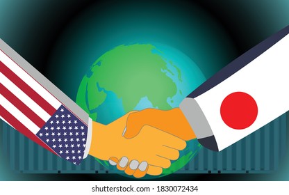 Handshake vector illustration. Business handshake Cooperation between America and Japan. 
Handshake in the background of the World map, Sketch global partnership leadership background.