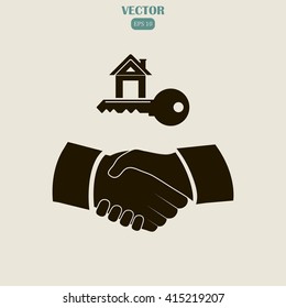 Handshake vector illustration. House key icon.