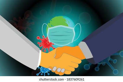Handshake vector illustration.Cooperation and Concept wearing mask for protectcure covid-19 corona virus. 