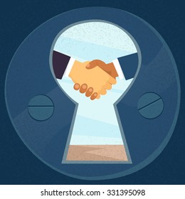 Handshake View Through Keyhole Business Hands Shake Flat Retro Design Vector Illustration