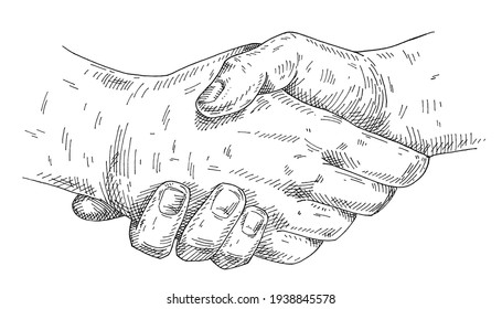 Handshake. Vintage vector monochrome hatching illustration isolated on white background. Hand drawn design element