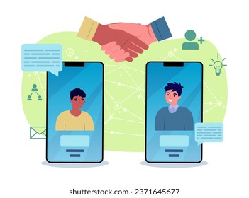 Handshake as virtual business interactions vector illustration. Using digital devices for business dealing. Smartphones with businessmen making agreement. Technology, digital connectivity concept