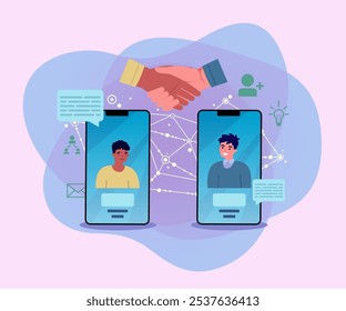 Handshake as virtual  business interactions vector illustration.  Using digital devices for business dealing. Smartphones with two businessmen making agreement. Modern technology, partnership, digital
