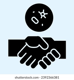 Handshake and virus solid icon. 2019-nCoV Covid-19 disease prevention glyph style pictogram on white background. Coronavirus spread by hands for mobile concept and web design. Vector graphics