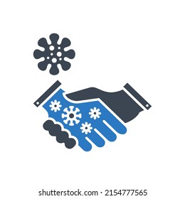 Handshake virus transmission related vector glyph icon. Handshake and viruses on one hand. Handshake virus transmission sign. Isolated on white background. Editable vector illustration