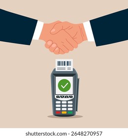 Handshake welcome and introduce new POS terminal.  Dataphone electronic payment system. Vector illustration. 