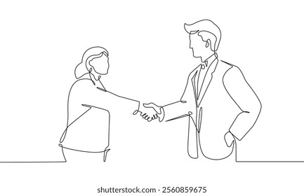 Handshake of Woman and Man One Line Vector Illustration. Handshake People Silhouette Simple Line Art Drawing. Black Sketch Illustration of Business Concept for Minimalist Design. Not AI