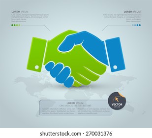 Handshake With World Map On The Grey Background. Vector Infographic Template. Partnership Concept. Business Icon.