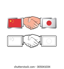 handshake-china & Japan flags vector drawing