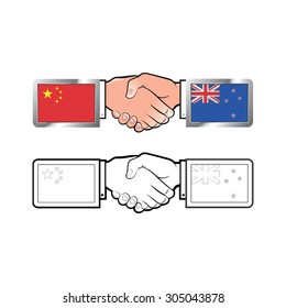 handshake-China & New zealand flags vector drawing