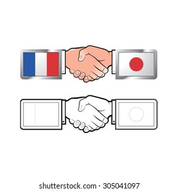 handshake-France & Japan flags vector drawing