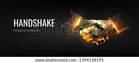 Handshake.Polygonal wireframe composition. Technology and innovation in bussines. Abstract illustration isolated on dark background. Particles are connected in a geometric silhouette. 