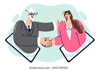 Handshakes of business partners leaning out of tablet computers after making successful asset transaction. Man and woman became partners thanks to use of digital technologies to find counterparties