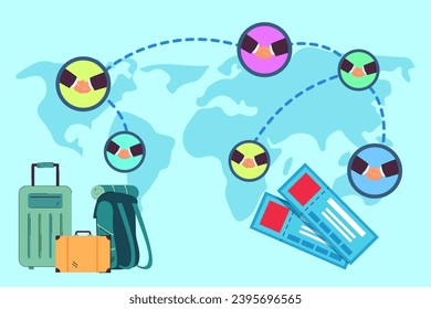 Handshakes at different points on world map as new air transport agreements. Vector illustration. Tickets, baggage on background. Airline industry, strengthening tourism market