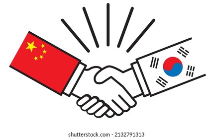 Handshakes with flags from China and South Korea. Image illustrations of wars, conflicts, alliances, reconciliations, agreements between nations, icons.