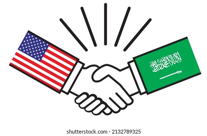 Handshakes with flags from the United States and Saudi Arabia. Image illustrations of wars, conflicts, alliances, reconciliations, agreements between nations, icons.