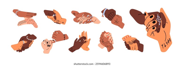 Handshakes, greeting gestures set. Two human hands high five, shake, punch fists, touch and hold together. Concept of friendship, support, love. Flat isolated vector illustrations on white background