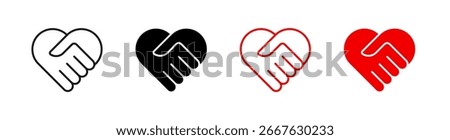 Handshakes heart vector icons set. Red and black handshakes sign. Communication, partnership, friendship symbols. Vector illustration