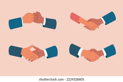 Сollection of handshakes. Male and female hands. Flat style cartoon vector illustration. 