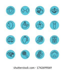 handshaking and coronavirus protective measures icon set over white background, block line style, vector illustration