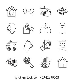 handshaking and coronavirus protective measures icon set over white background, line style, vector illustration