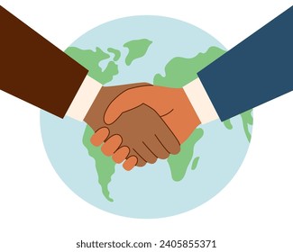 Handshaking hands of different skin tones in front of the planet. Business concept. Agreement concept.