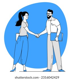 Handshaking happy managers at office meeting. People congratulating colleague with success at work. Flat vector illustration.