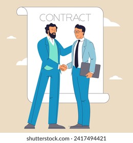 Handshaking happy managers at office meeting. People congratulating colleague with success at work. Flat vector illustration.