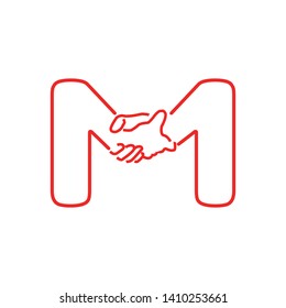 Handshaking M Letter Line Art Logo