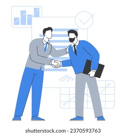 Handshaking managers at office meeting. People congratulating colleague with success at work. Flat vector illustration.