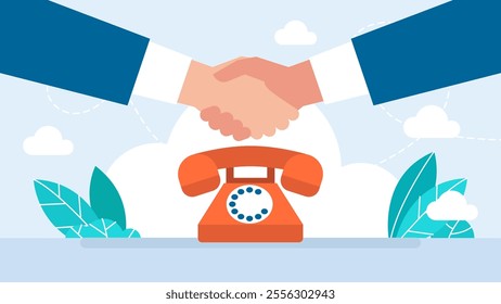 Handshaking on phone concept. Online Communication, two business man handshake on phone, Businesspersons shaking hands through of a telephone. Vector illustration