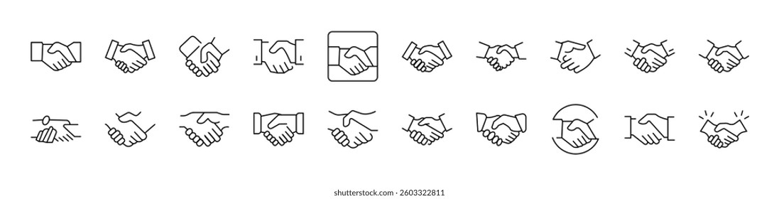 Handshaking Outline Icon Collection. Editable Stroke. Perfect for Infographics, Articles, Books, Flyers, Banners