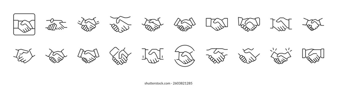 Handshaking Outline Icon Collection. Editable Stroke. Perfect for Infographics, Articles, Books, Flyers, Banners