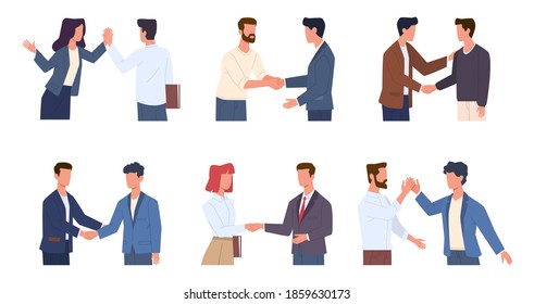 Handshaking people. Greeting male and female characters polite and friendly gestures collection, men and woman respect and high five, partnership and business etiquette concept vector flat cartoon set